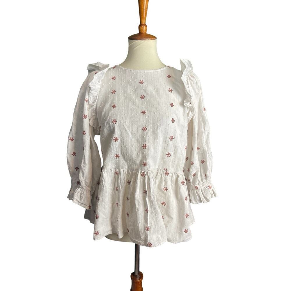 Universal Thread White Peasant Top Women Small Floral Peplum Ruffle Cotton Boho